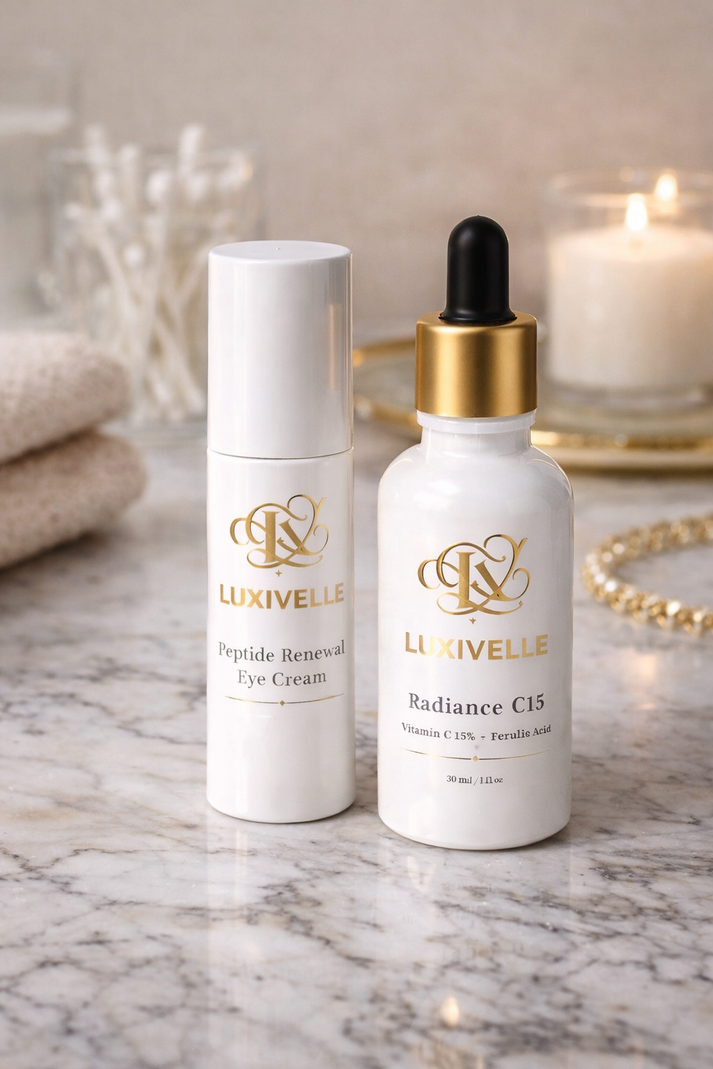 Luxivelle Skincare Set – Vitamin C Serum + Peptide Eye Cream
